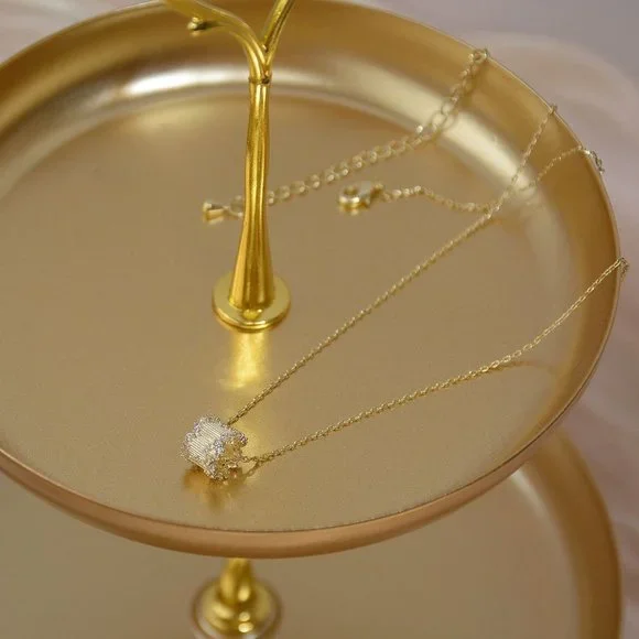 NEW 14k Gold Plated Round Diamond Geometric Textured Pendant Necklace - Picture 3 of 7